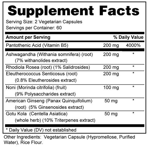 Supplement facts forAdrenal Energy & Stress 120s