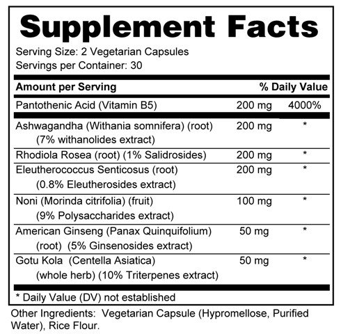 Supplement facts forAdrenal Energy & Stress 60s