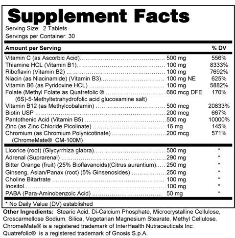 Supplement facts forAdrenal Energy Support 60s