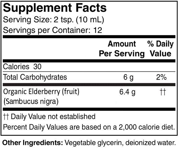Supplement facts forElderberry Extract organic 4oz.