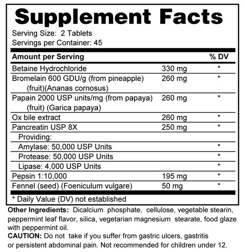 Supplement facts forEnzymes Plus HCL and Ox Bile 90s
