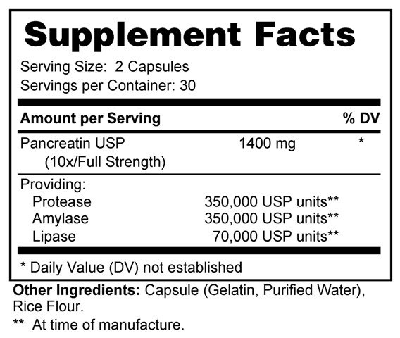 Supplement facts forPancreatic Enzymes 60s