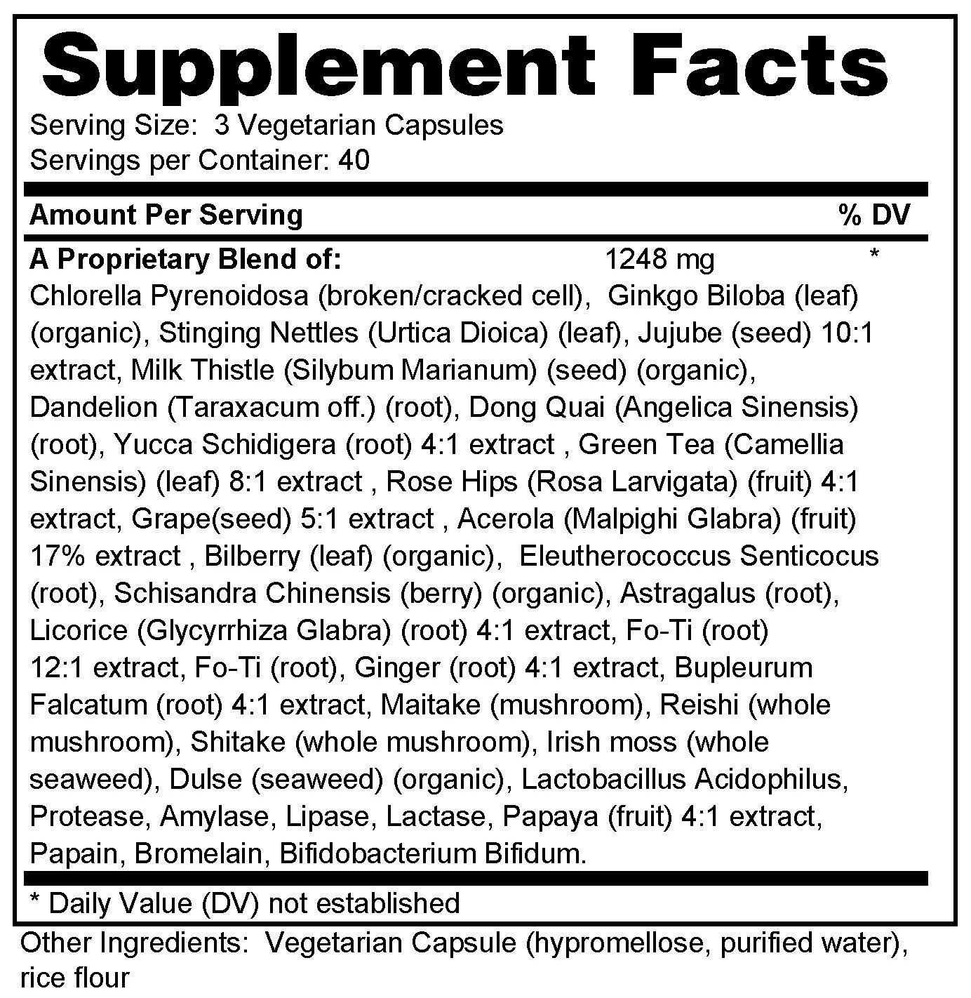Supplement facts forSuper Greens Capsules 120s