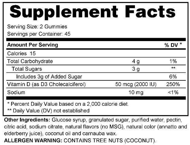 Supplement facts forVitamin D3 Gummies 90s