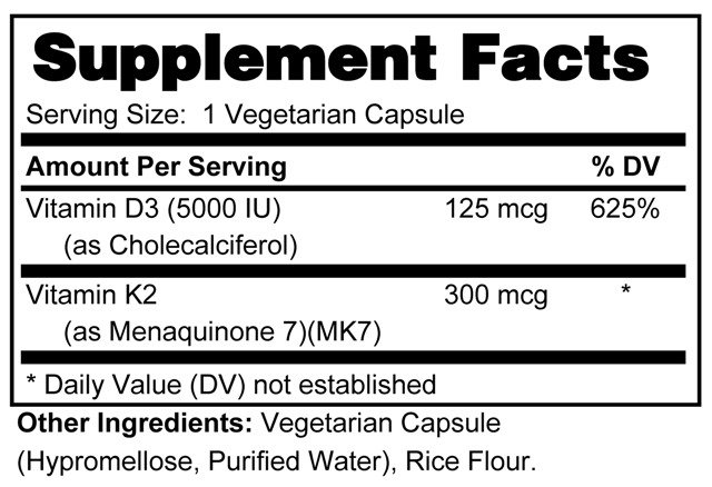 Supplement facts forVitamin D3 5,000 IU + K2 100s