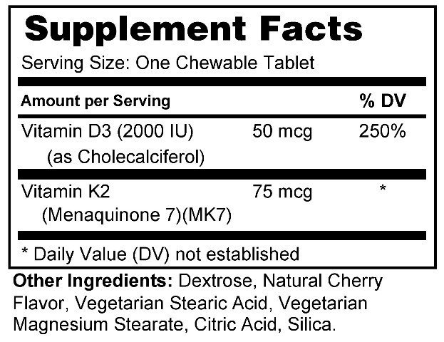 Supplement facts forVitamin D3 2000 IU & K2 Chews 90s