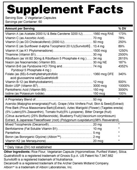 Supplement facts forVitamins 120s